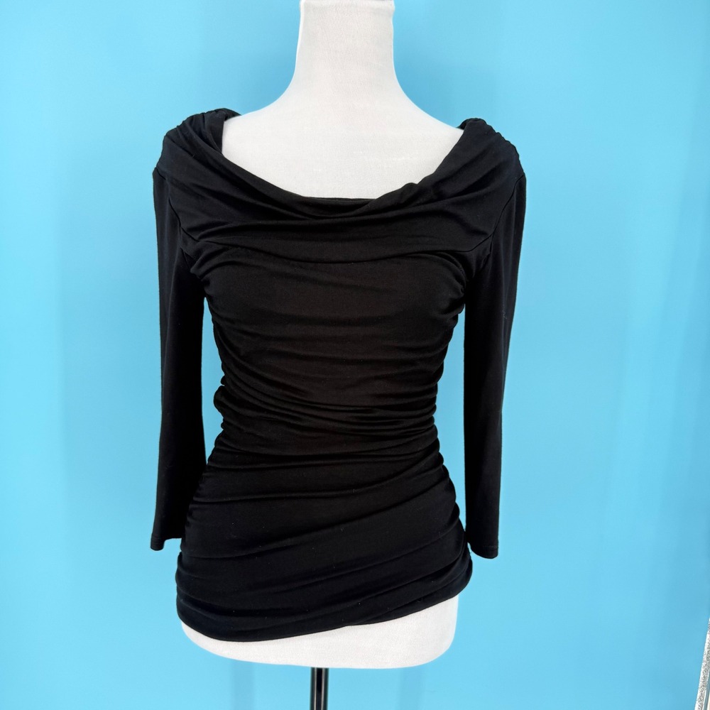 Joseph Ribkoff Black Ruched Cowl Neck 3/4 Sleeve Top Size 6
